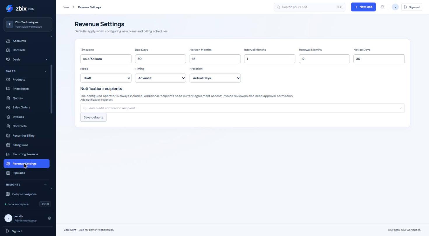 Revenue defaults configuration