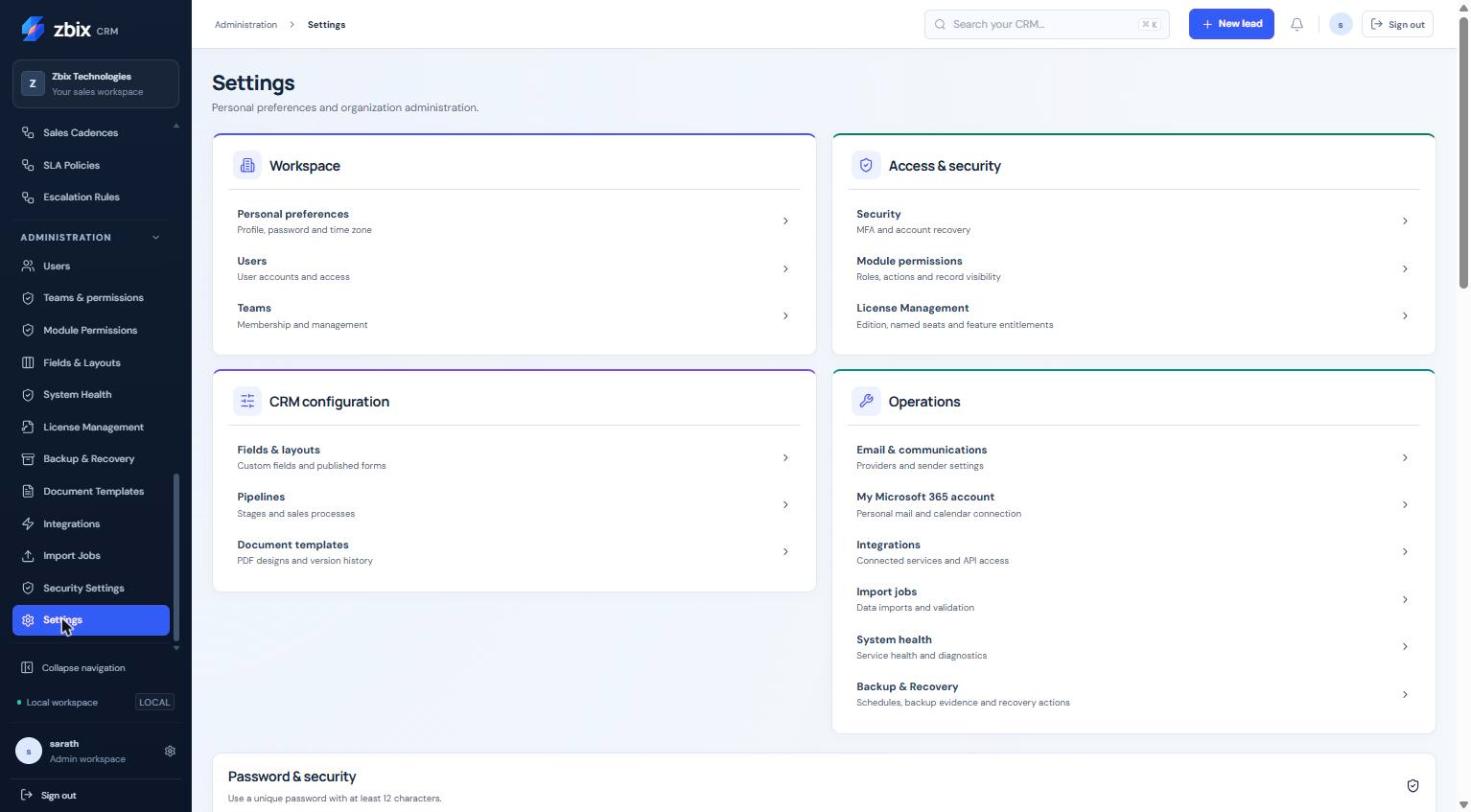 Settings hub